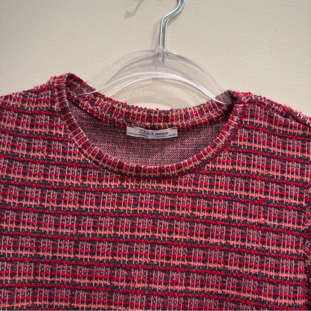 Zara Red and Blue Fringed Tweed Short Sleeve Top Size Small Women’s - Picture 6 of 11
